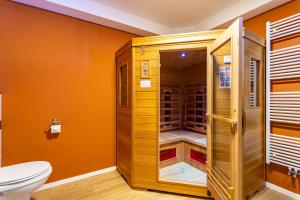 a bathroom with a toilet and a walk in closet at Zum Holzknecht in Willingen +30 photos