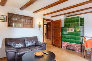 a living room with a leather couch and a fireplace at Hirschenhäusle in Sankt Märgen +32 photos