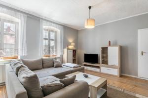 a living room with a couch and a tv at Ferienwohnung mit großem Garten in Lindow