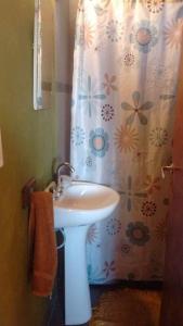 baño con lavabo y cortina de ducha en Cabañas Los Algarrobos en San Marcos Sierras