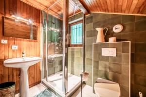 a bathroom with a shower and a sink at Chalet Chez Juju in Abondance +29 photos