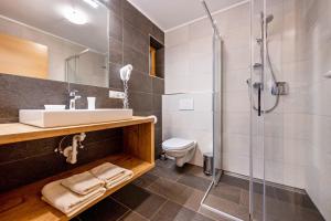 a bathroom with a sink toilet and a shower at Maurerhof Abendrot in Maranza