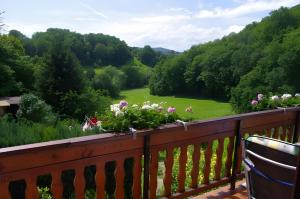 a balcony with a view of a field and trees at Ferienwohnung-Pension Osterwiese in Weilburg +9 photos