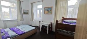 a bedroom with two beds and a table and windows at Penzion Bobas in Jindřichŭv Hradec