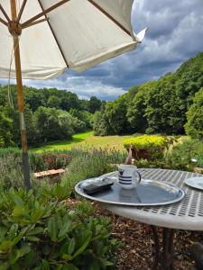 a table with a coffee cup and an umbrella at Ferienwohnung-Pension Osterwiese in Weilburg