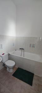 a bathroom with a tub and a toilet and a bath tub at Penzion Bobas in Jindřichŭv Hradec