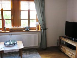 a living room with a television and a window at Fachwerktraum im Hof in Alheim
