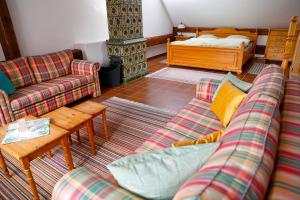 a living room with couches and a bed at Mühlenhof in Olbersdorf
