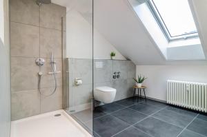 a bathroom with a shower and a toilet and a skylight at Sonne und Mehr in Stockach +16 photos