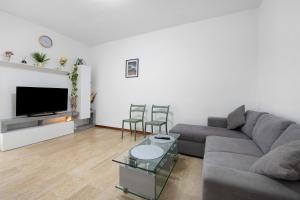 a living room with a couch and a flat screen tv at A due passi dalle terme e dal lago in Trescore Balneario