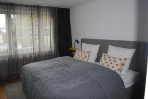 a bedroom with a large bed with pillows and a window at Ferienhaus Joos in Uhldingen-Mühlhofen