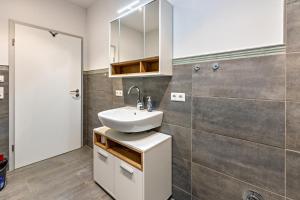 a bathroom with a sink and a mirror at Apfelkiste in Meßstetten +22 photos