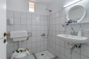 a bathroom with a sink and a toilet and a mirror at Krinos apartment 1 in Kharadhiátika