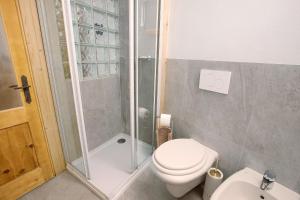 a bathroom with a shower and a toilet and a sink at Premesan 4 in Bormio