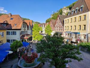 a view of a town with buildings and a fountain at Ferienwohnung Marktblick in Pottenstein