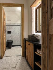 a bathroom with a toilet and a sink and a mirror at Maroc Mountain Chalet in Madonna di Campiglio +28 photos