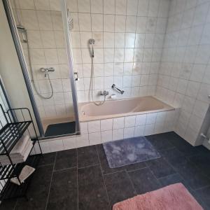 a bathroom with a bath tub and a shower at Fränkisch wohnen bei Mela in Litzendorf +14 photos