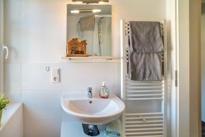 a bathroom with a sink and a mirror at Wohnung 4 in Wallhausen +10 photos