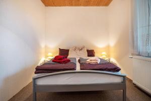 a bed in a room with two lamps at Ferienwohnung Wilhelm in Züssow