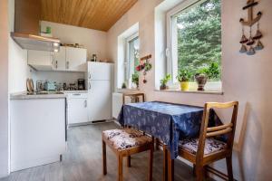 a kitchen with a table and chairs and a window at Ferienwohnung Wilhelm in Züssow