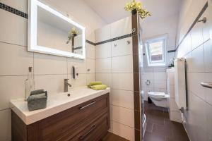 a bathroom with a sink and a mirror and a toilet at Haus Heidorn in Sittensen +16 photos