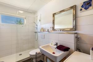 a bathroom with a sink and a toilet and a mirror at Ferienwohnung Oberamsel in Marburg an der Lahn +15 photos