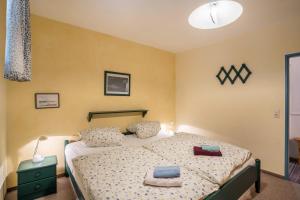 a bedroom with a bed with two pillows on it at Terrassenpark Apartment 160 in Schonach +17 photos