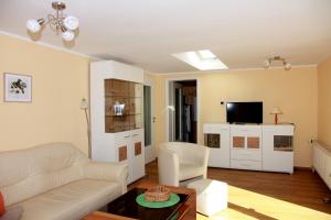 a living room with a couch and a tv at Haus Waldidyll am Briesensee in Neu Zauche