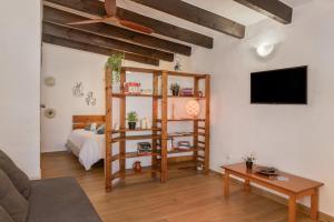 a living room with a book shelf and a bed at Can Vital 1 in Illes Balears