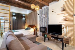 ein Wohnzimmer mit Sofa, Fernseher und Bett in der Unterkunft Recanto Do Pinhal E Mar in Carriço