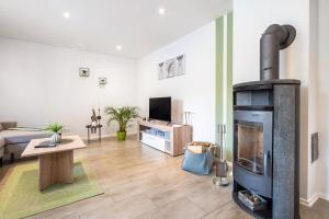 a living room with a fireplace and a couch at Ferienhaus Hedrich in Gülzow