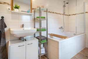 a bathroom with a sink and a toilet and a shower at Ferienhaus Hedrich in Gülzow +29 photos