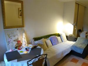 uma sala de estar com um sofá e uma mesa em Joli Studio Avec Jardinet em Avignon