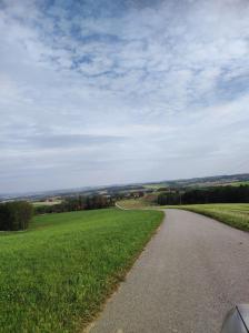 a road leading into a field with a green field at Unser Großer - Tiny House in Mayrhof