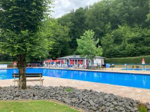 a large swimming pool with a tree and a bench at Gittas Paradiesperle in Niederdreisbach