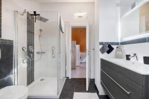 a bathroom with a shower and a toilet and a sink at Bergliebe in Bitz +11 photos