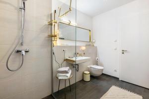 a bathroom with a shower and a sink and a toilet at bei Stefanie in Bad Koetzting +26 photos
