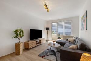 a living room with a couch and a flat screen tv at Ferienwohnung San Marino 3 in Mücheln