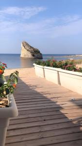 a boardwalk leading to the beach with flowers on it at Villetta Lucy in Salve