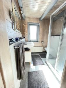 a small bathroom with a sink and a toilet at Leonies Emsblick in Walchum
