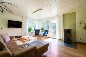 a living room with a couch and a fireplace at s'Lähmes auf der Schwend in Kappelrodeck