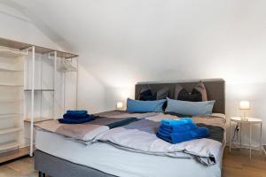 a bedroom with a large bed with blue pillows on it at Zur Stadtmama in Endingen