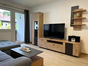 a living room with a flat screen tv on a wooden entertainment center at Fewo A6 mit Sauna und Fitnessraum in Oberaudorf