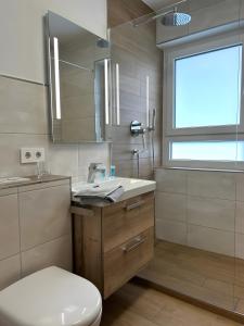 a bathroom with a sink and a toilet and a window at Fewo A6 mit Sauna und Fitnessraum in Oberaudorf +18 photos