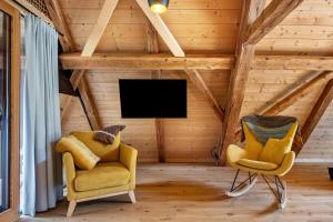 a living room with two chairs and a tv at Ferienhaus Kornspeicher in Hornberg