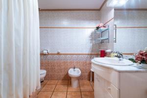 a bathroom with a sink and a toilet and a shower curtain at Casa Lino in Culla +20 photos