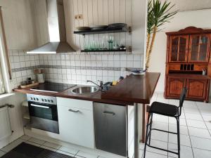 a small kitchen with a sink and a stove at Ferienunterkunft Göhlich in Maintal