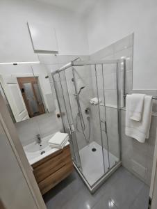 a bathroom with a shower and a sink at Max Hinterhaus in Dresden
