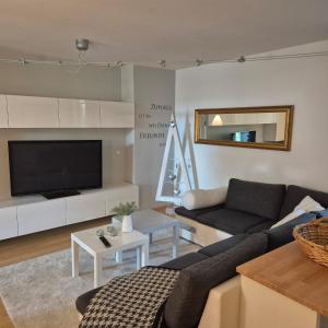 a living room with a couch and a tv at Ferienwohnung Kleine Pause in Emmendingen
