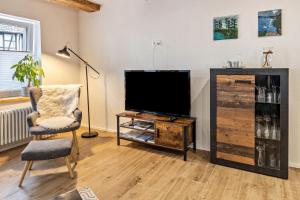 a living room with a flat screen tv and a chair at Schmid am See in Gaienhofen